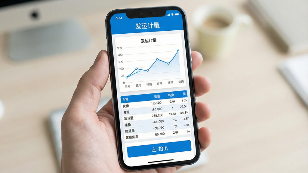 手机界面展示数据统计报表页面,顶部有“发运计量”字样,中部为折线图与数据表格,下方有导出按钮,界面风格清爽,蓝白配色,布局规整,画面干净,高清画质,无多余元素