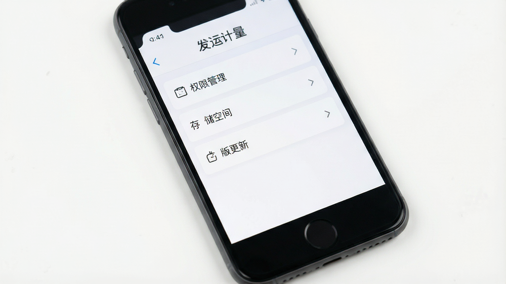 手机屏幕显示发运计量设置页面,顶部有“发运计量”文字,页面中包含权限管理、存储空间、版本更新等选项,界面风格简洁,背景为白色,布局清晰,画面干净,高清画质,无多余元素
