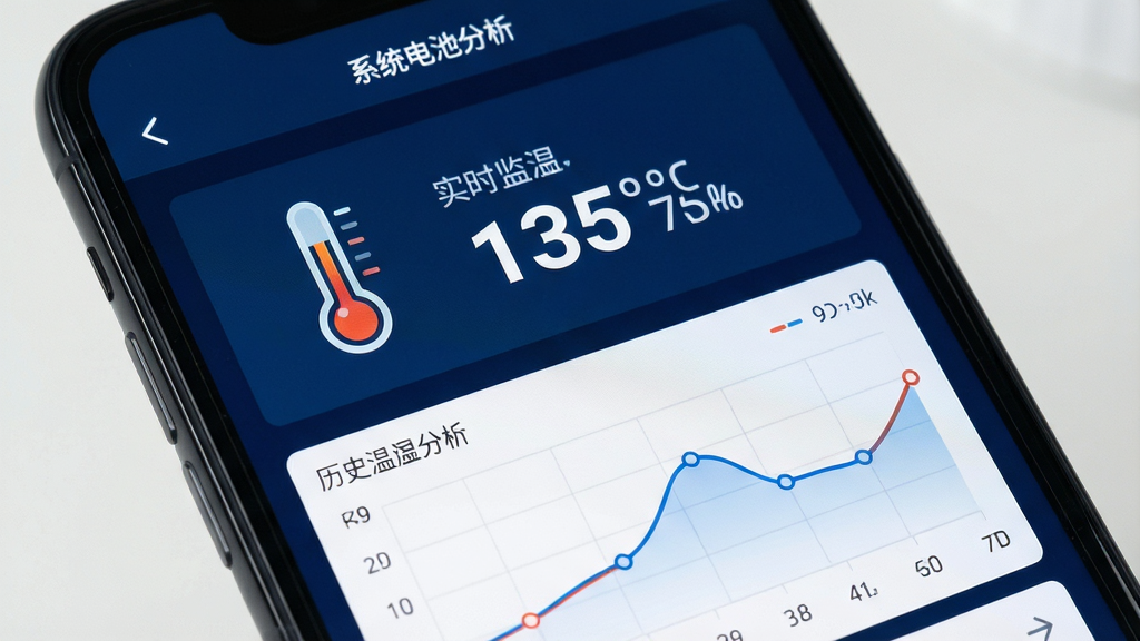 手机屏幕显示“系统电池分析”软件的温度监控界面,界面中有温度计图标和实时温度数值,下方有历史温度曲线,背景为深蓝色科技风格,数据清晰可见,画质干净,无多余元素