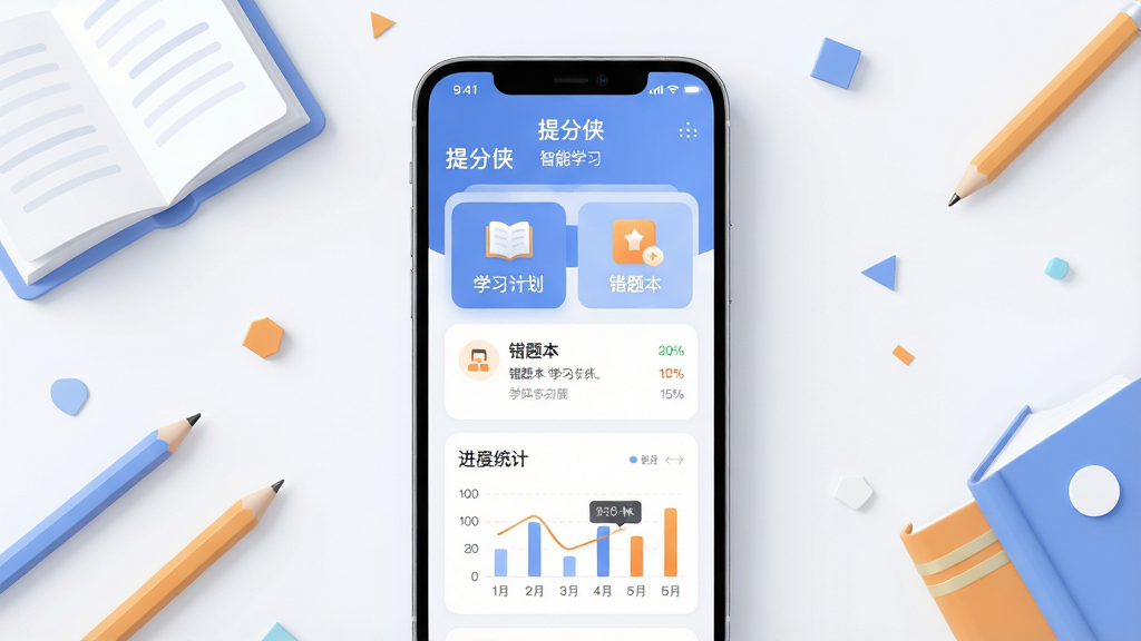 一款名为“提分侠”的手机学习软件界面展示图,主体为一部竖屏智能手机,屏幕内呈现简洁明快的教育类应用主页,包含学习计划卡片、错题本入口与进度统计图表;布局采用居中构图,手机置于画面中央,四周点缀书本、铅笔与轻量化的几何图形;排版清晰有序,文字使用中文标注“提分侠”与“智能学习”;风格为现代扁平化设计,色彩以柔和的蓝色与白色为主,搭配少量橙色强调;细节上屏幕内图标线条圆润,数据图表清晰可见,背景干净无杂乱元素;画质为高清渲染,光线柔和均匀,整体干净整洁,无多余装饰,突出软件核心功能全貌。