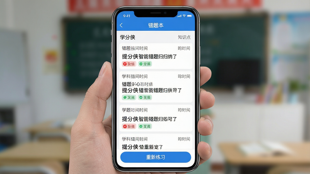 一张展示“提分侠”智能错题归纳功能的手机应用截图,主体为手机屏幕内显示错题列表与知识点标签;布局采用手机正面平视角度,屏幕内容占据画面主要区域;排版上错题按学科与时间排列,每道题旁标注红色与绿色标记;风格为清爽的教育类UI设计,以白色背景与蓝色主色调为主;细节包括屏幕上方显示“错题本”字样,下方有“重新练习”按钮,背景虚化处理;画质高清,画面干净,无多余元素,突出功能界面。
