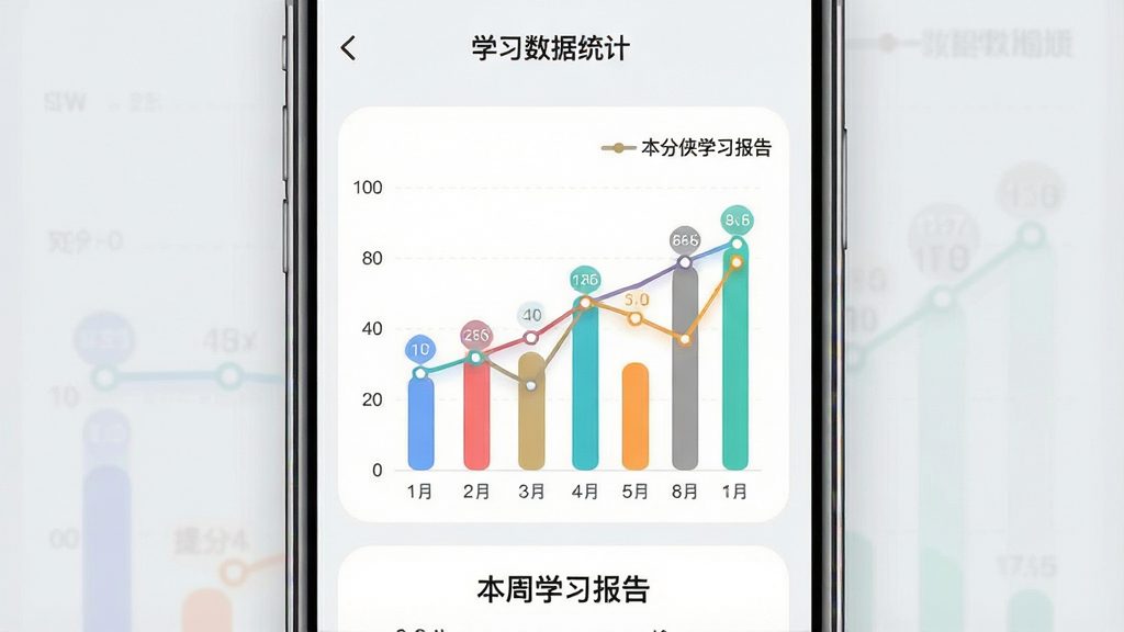 一张“提分侠”学习数据统计页面的手机界面展示图,主体为手机屏幕内显示柱状图与折线图;布局为手机居中,屏幕内容占画面主体;排版上图表色彩分明,下方有“本周学习报告”文字;风格为现代简约的数据可视化设计,背景为浅灰色;细节包括图表标注清晰,数据点圆润,屏幕边缘有轻微反光效果;画质高清,画面干净,无多余元素,突出数据统计功能。