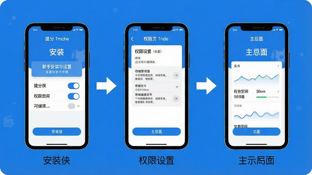 一幅展示“提分侠”新手安装与设置流程的示意图,主体为手机屏幕依次展示安装界面、权限设置页与主界面;布局采用从左到右的三步流程图形式,每步下方有简短中文标注;排版清晰,箭头引导视线;风格为简洁的扁平化信息图,色彩以蓝白为主;细节包括权限开关图标、存储空间提示;画质高清,画面干净,无多余装饰,突出操作指引。