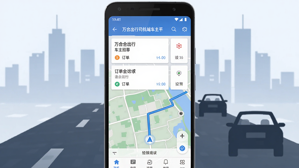 一张展示万合出行司机端车主招募平台核心界面的手机样机图,画面中央放置一部安卓手机,手机屏幕上显示订单列表与地图导航界面,背景为城市道路与车辆剪影,布局采用居中构图,风格为扁平化科技风,细节包括顶部状态栏、订单卡片、导航路线线条,画质清晰干净,无多余元素