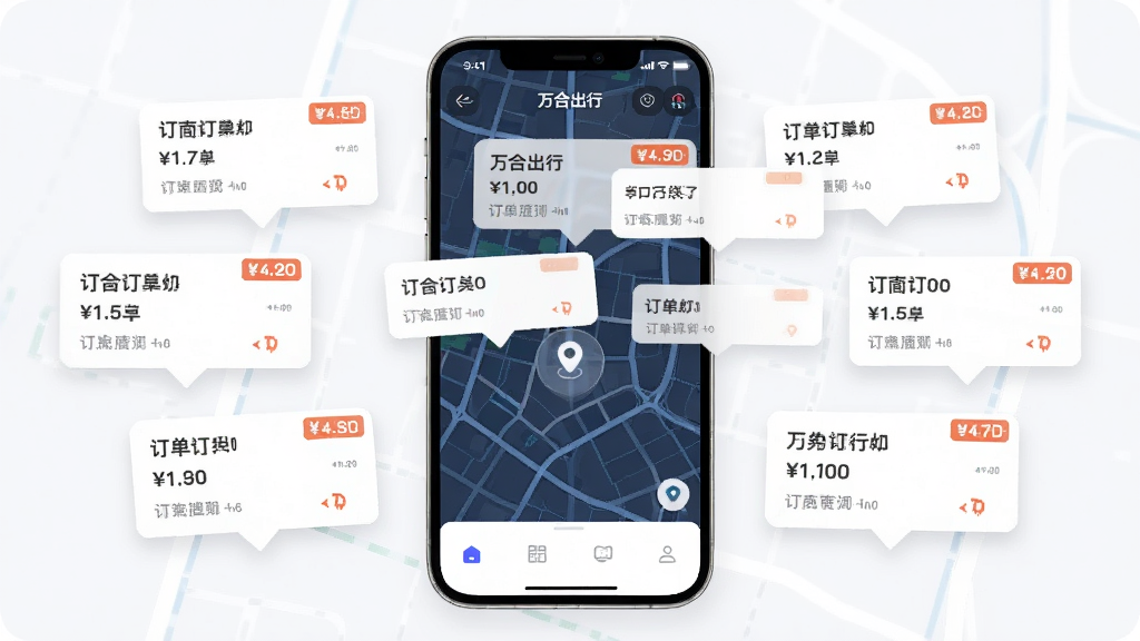 一张表现万合出行司机端订单推送功能的AI生图,主体为手机屏幕显示多个订单气泡从地图上弹出,布局为手机居中、订单卡片环绕分布,风格为现代简约科技风,细节包括地图网格、定位图标、订单金额标签,画质高清干净,无多余元素