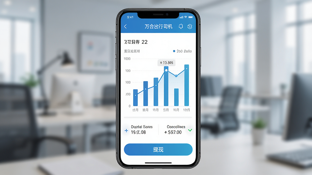 一张展示万合出行司机端收入统计页面的AI生图,主体为手机屏幕显示柱状图与金额数字,布局为手机正面居中、图表占据屏幕主要区域,风格为清新商务风,细节包括日期标签、收入曲线、提现按钮,画质清晰锐利,无多余元素
