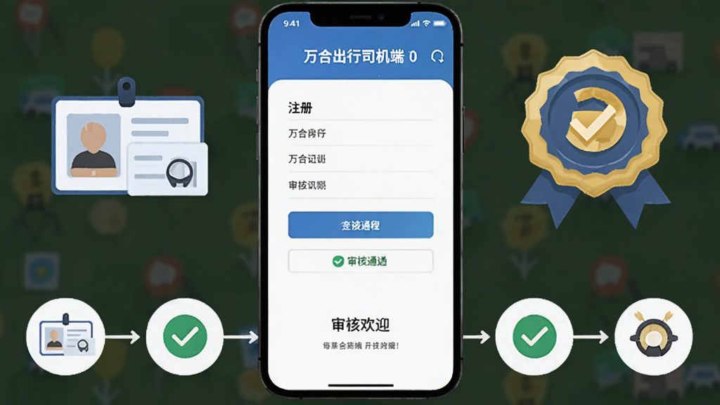 一张表现万合出行司机端车主招募注册流程的AI生图,主体为手机屏幕显示注册表单与认证徽章,布局为手机居中、步骤图标横向排列,风格为扁平化插画风,细节包括证件图标、审核通过标识、欢迎语,画质干净整洁,无多余元素