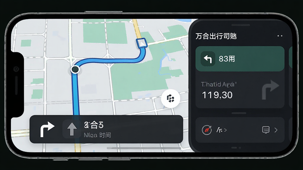 一张展示万合出行司机端导航与行程管理功能的AI生图,主体为手机屏幕显示地图路线与行程卡片,布局为手机横屏展示、路线高亮,风格为深色科技风,细节包括转向箭头、距离提示、行程时间,画质清晰无噪点,无多余元素