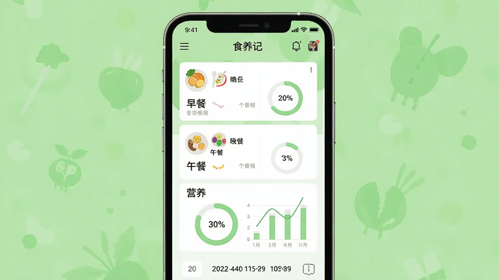 一张展示食养记手机应用主界面的图片,画面中央为手机屏幕,屏幕内显示食养记App的首页,包含早餐、午餐、晚餐记录卡片和营养分析图表,背景为清新浅绿色调,布局简洁居中,风格为扁平化UI设计,细节包含食物图标、数据圆环和日期选择栏,画质清晰干净,无多余元素。