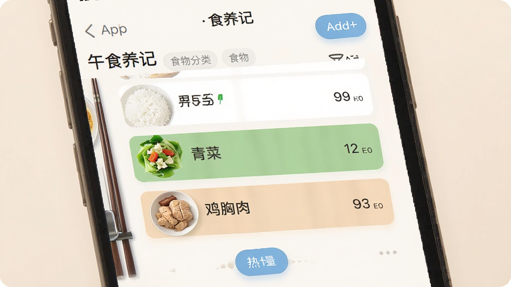 食养记App饮食记录界面截图,手机屏幕中显示午餐记录页面,包含米饭、青菜、鸡胸肉等食物条目和热量数值,画面采用浅色背景,布局清晰,风格为现代简约UI,细节有添加按钮和食物分类标签,画质干净,无多余元素。