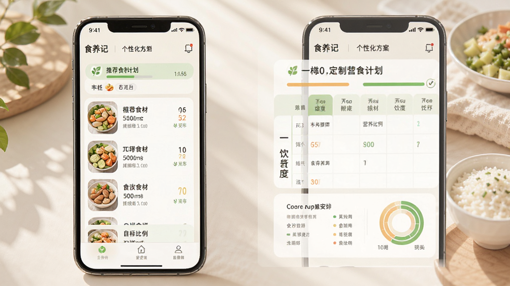 食养记App个性化方案页面,手机屏幕展示定制食养计划,包含推荐食材列表和一周饮食安排表,背景为柔和米白色,布局规整,风格为清新健康风,细节有目标进度条和营养比例图,画质清晰,无多余元素。
