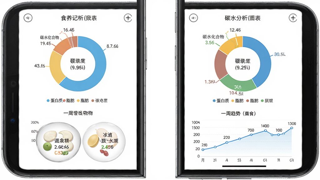 食养记App营养分析图表页面,手机屏幕显示蛋白质、脂肪、碳水化合物的摄入比例圆环图和一周趋势折线图,背景为白色,布局对称,风格为数据可视化设计,细节有图例标注和数值标签,画质清晰,无多余元素。