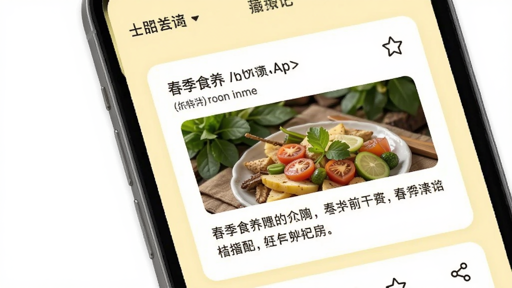 食养记App健康知识页面,手机屏幕显示一篇关于春季食养的文章卡片,包含标题、配图和简短文字,背景为浅黄色,布局为卡片式列表,风格为阅读类App设计,细节有收藏按钮和分享图标,画质干净,无多余元素。
