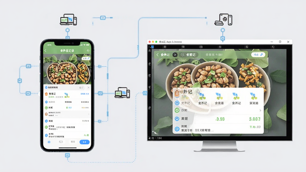 食养记App在手机和电脑模拟器上同时运行的对比示意图,左侧为手机屏幕显示食养记记录页面,右侧为电脑模拟器窗口显示相同界面,背景为浅灰色,布局左右对比,风格为科技感展示图,细节有连接线和设备图标,画质清晰,无多余元素。