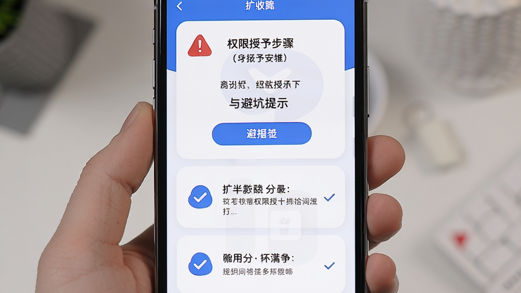 扩半软件新手设置引导界面,主体为手机屏幕显示权限授予步骤与避坑提示,布局为分步卡片式,排版从上到下排列,风格为友好教程风,细节包含红色警告图标与蓝色对勾标记,画质清晰干净,无多余元素