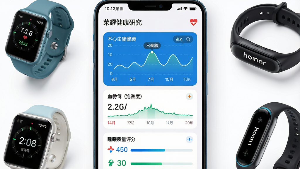 一张展示荣耀健康研究应用主界面的手机截图,画面中央是手机屏幕,屏幕内显示心脏健康数据仪表盘,包含心率曲线、血氧饱和度数值和睡眠质量评分,界面风格简洁现代,白色背景搭配蓝色和绿色数据图表,手机周围环绕着荣耀智能手表和手环设备,整体呈现科技健康主题,画质清晰,干净无多余元素,布局居中对称,风格专业医疗科技感,细节丰富,4K画质