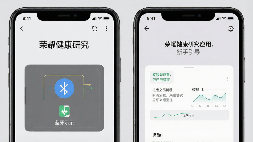 荣耀健康研究应用新手引导页面,手机屏幕显示蓝牙连接示意图和权限设置界面,画面中有“荣耀健康研究”文字标识,背景为浅灰色,风格简洁实用,布局清晰,细节丰富,画质高清,干净无多余元素
