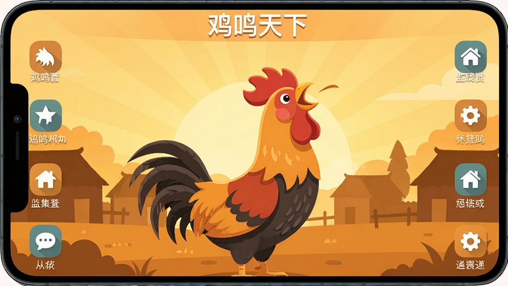 一张展示“鸡鸣天下”软件主界面的手机屏幕截图,画面中央是一只雄鸡昂首啼鸣的卡通形象,背景为清晨日出时分的村庄剪影,整体色调温暖明亮,采用扁平化插画风格,界面四周分布着功能图标和文字标签,画质清晰干净,无多余元素