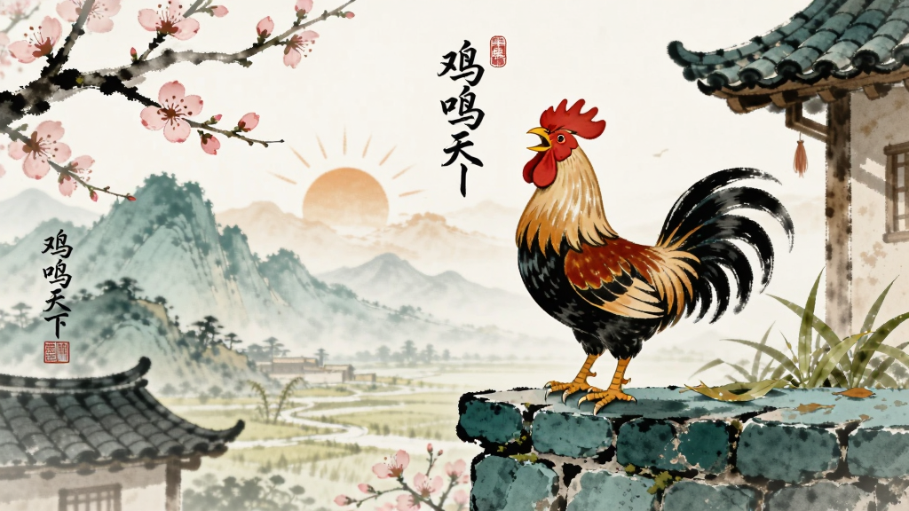 一幅展现古风田园意境的插画,画面主体为一只站在青石墙头引吭高歌的雄鸡,远处是层叠的青山与初升的朝阳,近处有桃花枝桠和古朴的屋檐,整体采用水墨淡彩风格,色彩柔和雅致,画质细腻干净,画面中可融入“鸡鸣天下”四个书法字体