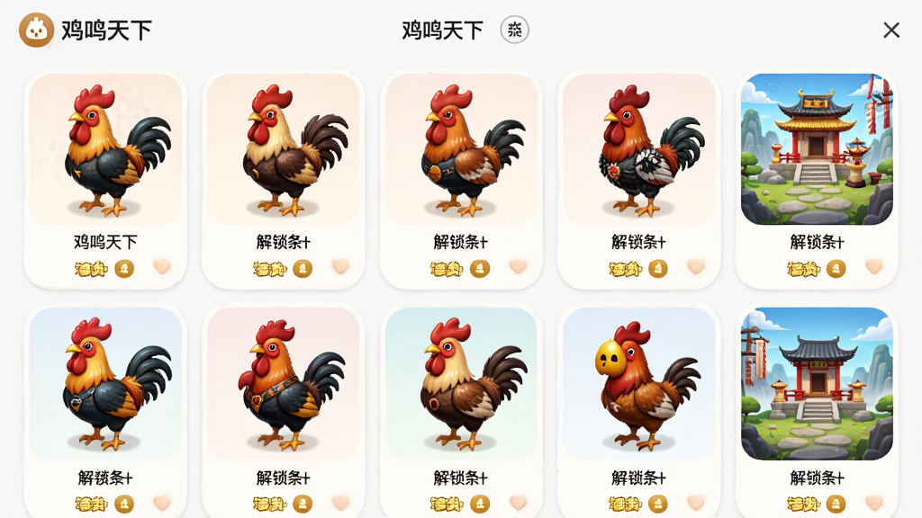 一张展示“鸡鸣天下”个性化装扮商城的界面截图,画面中排列着多款不同风格的雄鸡角色皮肤和场景背景,每款皮肤下方标注有名称和解锁条件,整体布局整齐美观,采用柔和圆角卡片式设计,画质清晰明亮