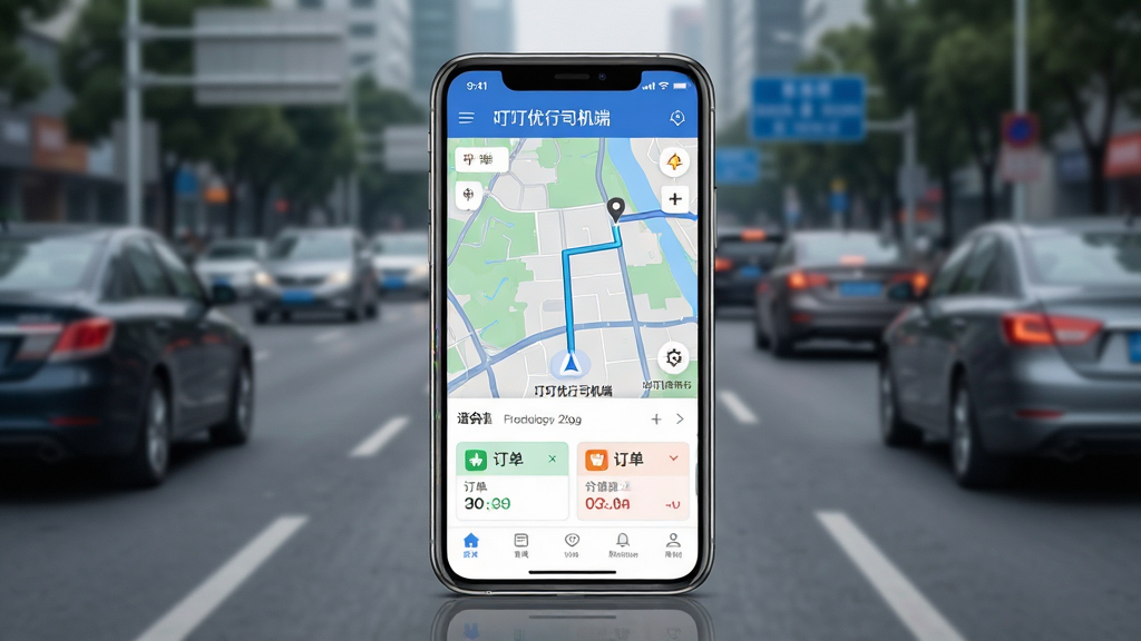 画面中央展示一部智能手机,手机屏幕上清晰显示“叮叮优行司机端”应用主界面,界面包含地图导航区域和订单卡片,背景为城市道路与汽车,布局采用居中构图,排版简洁,风格为写实科技风,细节包括手机边框反光和地图路线标记,画质高清,干净,无多余元素