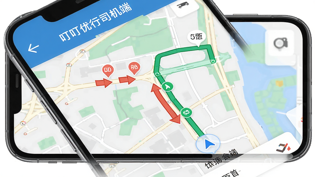 画面展示手机屏幕特写,屏幕内呈现“叮叮优行司机端”导航界面,地图上有红色拥堵路段和绿色畅通路线,布局为俯视手机视角,排版以地图为中心,风格为扁平化科技风,细节包括路线箭头和距离提示,画质高清,干净,无多余元素