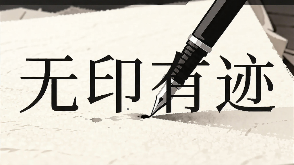 一张AI生成的插画,画面主体是一支笔在空白纸面上书写,纸面旁边悬浮着“无印有迹”四个中文字,布局采用居中构图,风格为极简扁平插画,细节上纸面有轻微纹理,笔尖有淡墨痕迹,画质清晰干净,无多余元素