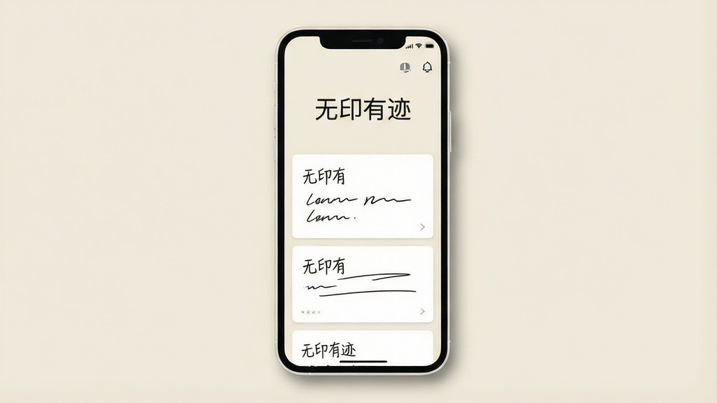一张简洁的安卓手机界面展示图,画面中央是“无印有迹”应用的主界面,背景为浅米色,界面上方有“无印有迹”四个中文字,下方是几条简洁的笔记卡片,卡片上有手写风格的文字线条,整体布局干净留白多,风格极简清新,细节上手机边缘有柔和阴影,画质清晰干净,无多余元素