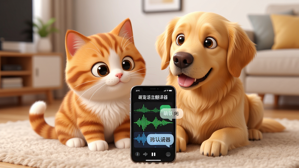 画面主体是一只可爱的橘猫和一只金毛犬并排坐在现代风格的客厅地毯上,它们面前放置着一部智能手机,手机屏幕亮起显示着声波分析界面和翻译文字气泡。布局采用居中对称构图,宠物表情生动好奇。排版上手机位于画面中心偏下位置,背景虚化处理。风格为温馨治愈的3D卡通渲染,细节上猫咪胡须和狗狗毛发清晰可见,手机界面显示绿色的声波条和“萌宠语言翻译器”字样。画质为4K超高清,画面干净明亮,无多余杂物,整体色调温暖柔和。