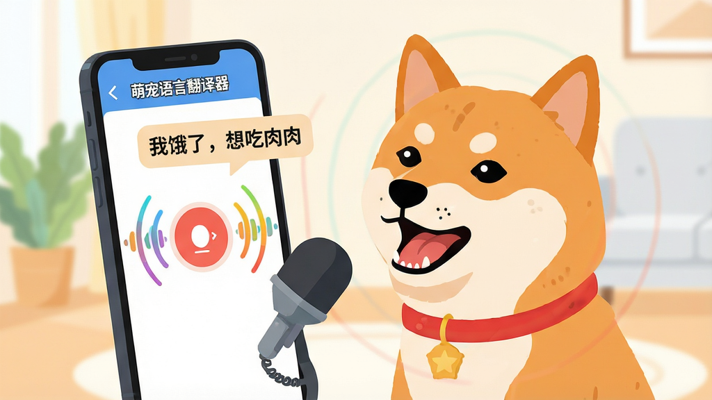 一只戴着红色项圈的柴犬正对着手机麦克风汪汪叫,手机屏幕显示着“萌宠语言翻译器”APP界面,界面中央有一个大大的录音按钮,周围环绕着彩色的声波扩散纹路,屏幕上弹出文字气泡写着“我饿了,想吃肉肉”。背景是简约的居家环境,光线明亮柔和。风格为扁平化插画设计,色彩明快活泼,主体突出,细节精致,画质清晰干净,无多余元素干扰。