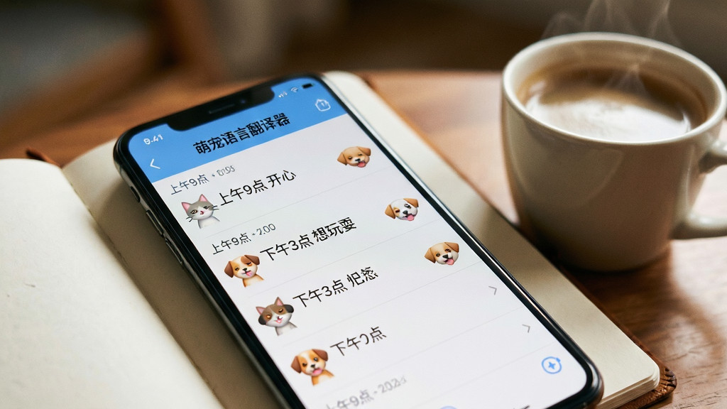一部手机屏幕显示“萌宠语言翻译器”的历史记录页面,列表中包含多条带时间戳的翻译条目,如“上午9点 开心”“下午3点 想玩耍”,每条记录旁边配有对应的小猫小狗表情图标。手机斜放在一本翻开的笔记本上,旁边有一杯冒着热气的咖啡。风格为生活化场景摄影风格,景深效果突出手机屏幕,背景柔和虚化,画质细腻逼真,画面温暖干净,无多余道具。