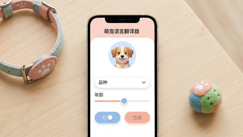 手机屏幕展示“萌宠语言翻译器”的宠物档案创建界面,包含宠物头像上传区域、品种下拉菜单、年龄滑块和性别选择按钮,界面配色柔和。手机旁边放着一个宠物项圈和一个小玩具球。布局为手机正面特写占据画面中心,物品散落在浅木色桌面上。风格为清新简约的产品展示风格,细节上界面元素带有圆角设计和轻微投影,画质高清,画面干净无杂物。