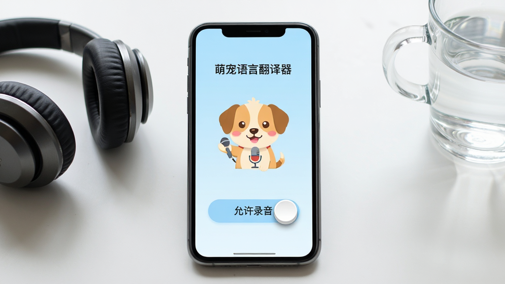 手机屏幕显示“萌宠语言翻译器”的权限设置引导页面,界面中央有一个卡通小狗举着麦克风图标,下方有“允许录音”的按钮,背景为淡蓝色渐变。手机平放在桌面上,旁边有一副耳机和一杯水。风格为扁平化插画与真实场景结合,细节上按钮带有轻微按压效果,画质清晰明亮,画面干净整洁,无多余装饰。
