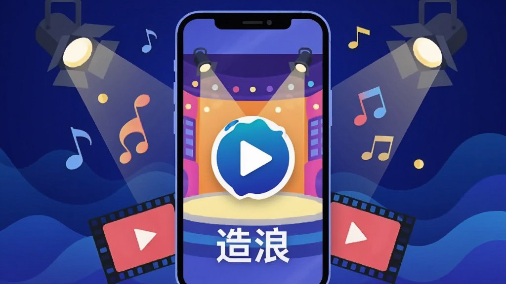画面中央是一部竖屏智能手机,屏幕里显示着色彩鲜艳的综艺舞台和波浪形播放按钮图标,手机周围环绕着音符、聚光灯和视频胶片元素。背景是深蓝色渐变,点缀波浪纹理。风格为现代扁平插画,细节干净,画质清晰,无多余元素,画面中文字为“造浪”。