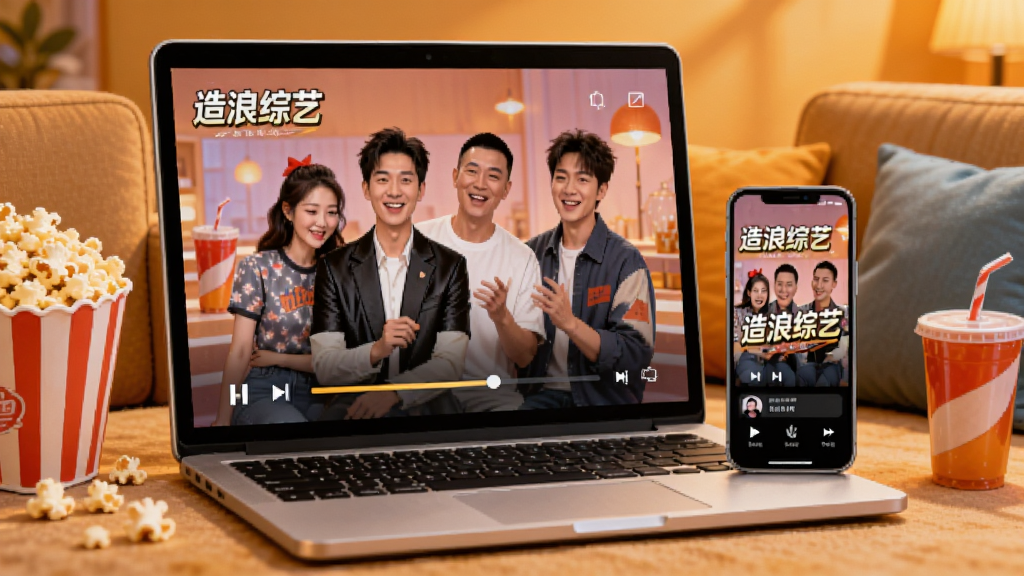 画面中央是一台打开的笔记本电脑和一部手机并排摆放,屏幕中显示综艺节目画面和播放进度条,周围有爆米花、饮料和沙发靠垫元素。背景为温暖的橙黄色调,风格为写实插画,细节丰富,画质清晰,画面中文字为“造浪综艺”。