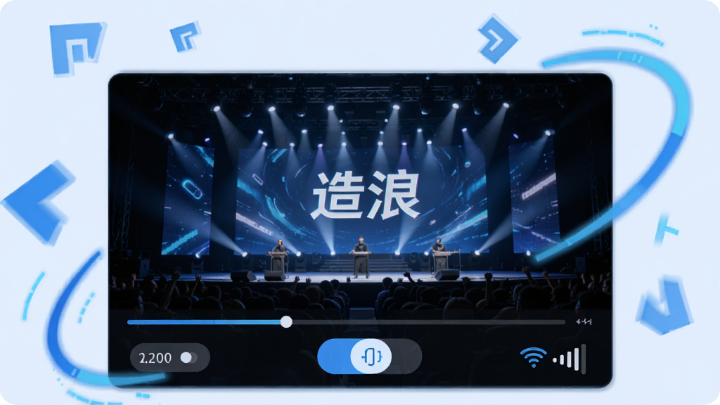 画面中央是一个视频播放窗口,窗口内显示高清舞台画面,窗口下方有清晰度切换按钮和网络信号图标,周围环绕着加速箭头和流畅曲线。背景为浅蓝色,风格为科技感扁平设计,细节简洁,画质清晰,画面中文字为“造浪”。