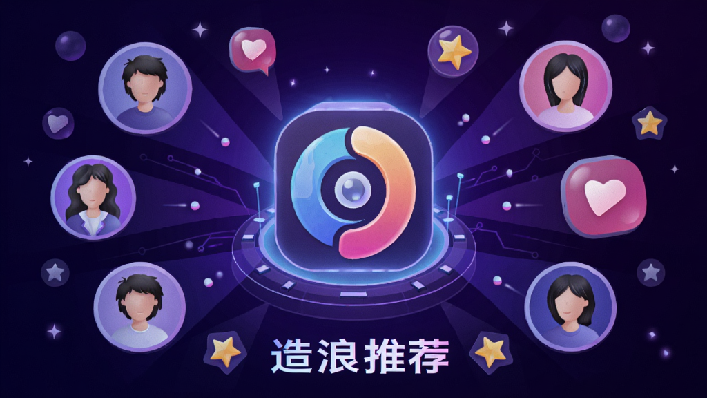 画面中央是一个发光的推荐引擎图标,周围环绕着用户头像、爱心、播放按钮和星标元素,形成放射状布局。背景为深紫色渐变,风格为未来科技插画,细节精致,画质清晰,画面中文字为“造浪推荐”。