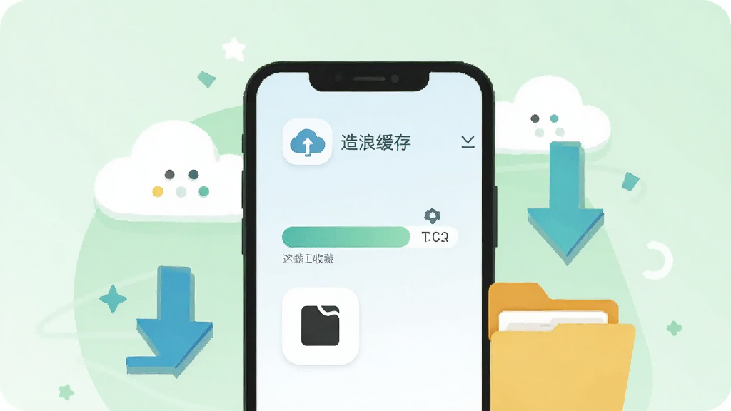 画面中央是一部手机,屏幕显示下载进度条和收藏夹图标,手机旁边有云朵、下载箭头和文件夹元素。背景为浅绿色调,风格为清新扁平插画,细节干净,画质清晰,画面中文字为“造浪缓存”。