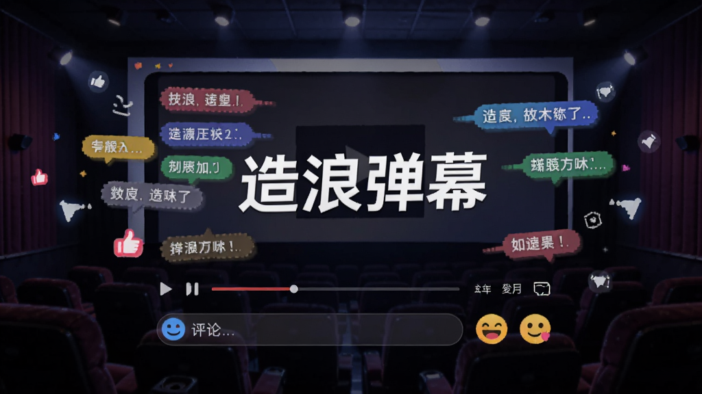画面中央是视频播放界面,屏幕上飘着彩色弹幕文字和点赞图标,下方有评论输入框和表情按钮。背景为深色影院风格,风格为现代UI插画,细节丰富,画质清晰,画面中文字为“造浪弹幕”。