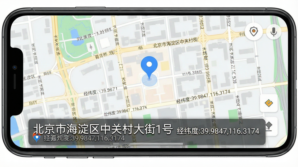 准时水印相机精准地点定位功能展示,画面主体为手机屏幕显示地图定位界面,地图上有一个蓝色定位标记,下方水印条显示“北京市海淀区中关村大街1号 经纬度:39.9847,116.3174”,布局为上下结构,上方地图下方水印,风格为扁平化地图UI,细节包括清晰的街道名称与坐标数字,画质高清,干净,无多余元素