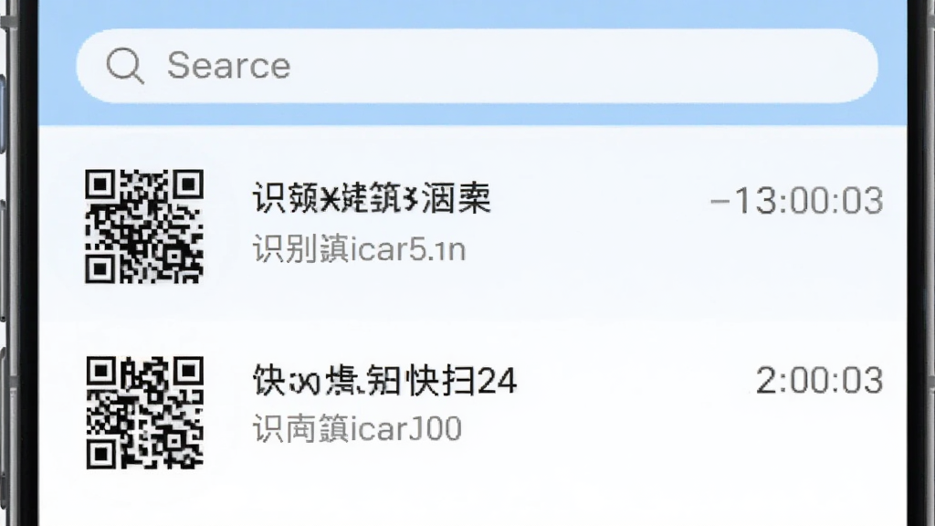 手机屏幕展示二维码快扫扫的历史记录列表界面,每条记录左侧有二维码缩略图,右侧显示识别内容摘要和时间戳,顶部有搜索框,界面配色为浅蓝色和白色,风格简约商务,画质清晰,无多余装饰元素