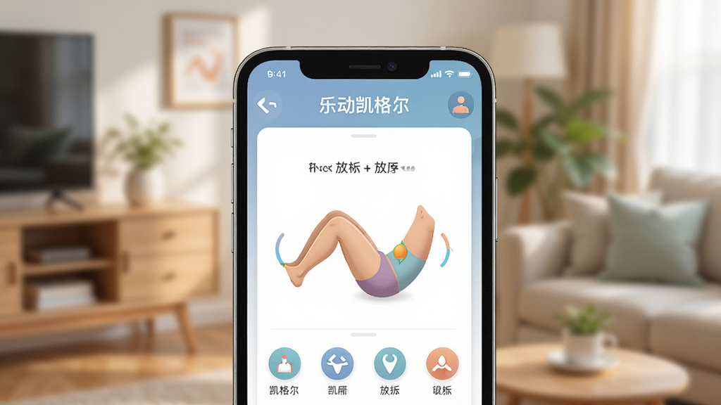 一张展示“乐动凯格尔”应用界面的手机样机图,画面中央是一部智能手机,屏幕上显示着凯格尔训练的动画指导界面,有收缩和放松的节奏提示,背景是温馨的家居环境,布局简洁,风格现代健康,细节包括柔和的色彩和清晰的图标,画质高清,干净,无多余元素