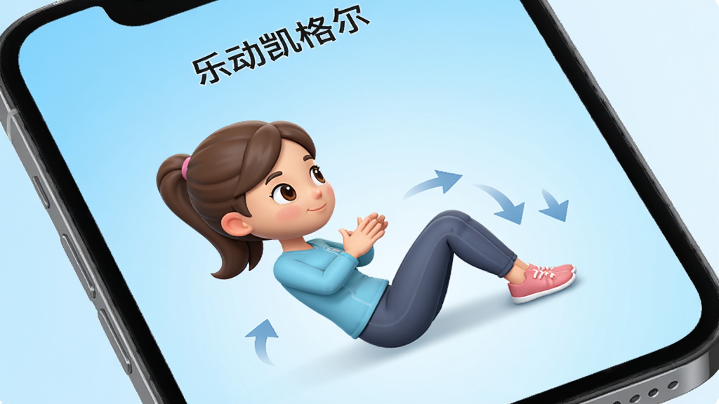 手机屏幕特写,展示“乐动凯格尔”的动画跟练界面,一个卡通人物正在做凯格尔运动,旁边有收缩和放松的箭头指示,背景是浅蓝色渐变,风格清新,细节清晰,画质高清,干净,无多余元素