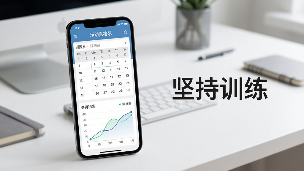 一张展示“乐动凯格尔”数据统计页面的图片,手机屏幕上显示着训练日历和进度曲线图,旁边有“坚持训练”的鼓励文字,背景是简约的书桌,风格商务健康,细节精致,画质高清,干净,无多余元素