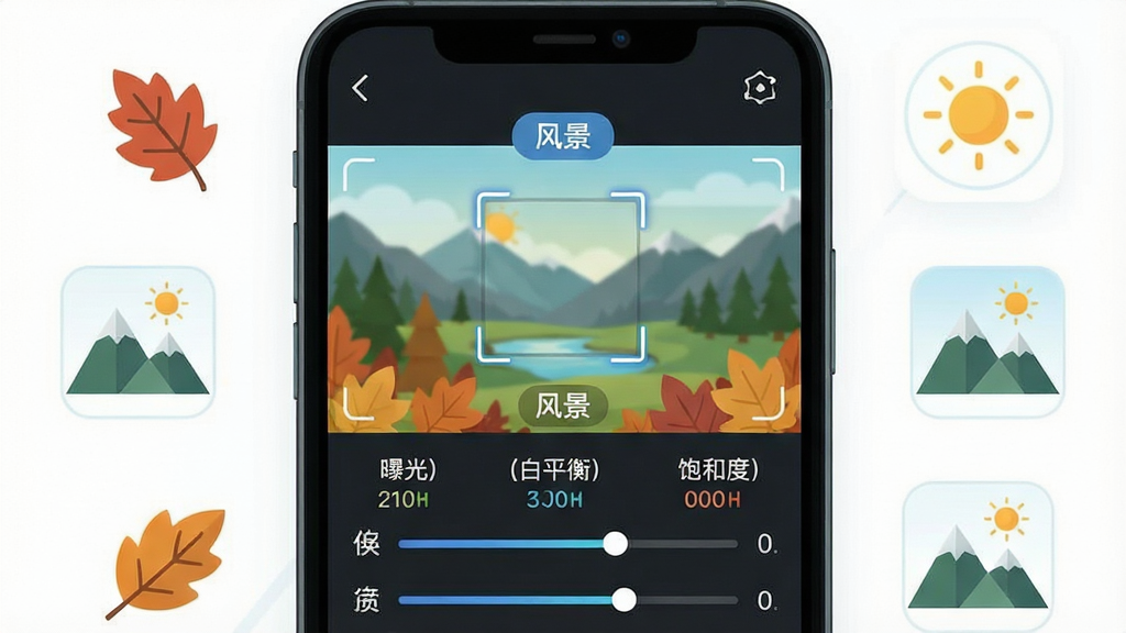 һ��չʾ��ͫ�������ܳ���ʶ���ܵĽ����ͼ���ͼƬ�������������ֻ���Ļ����ʾ�羰�������Զ�ʶ�𲢱�ע���羰����ǩ����Ļ�·������ع⡢��ƽ�⡢���ͶȵȲ����Զ������Ķ���Ч������Χ��������Ҷ��ɽ�塢̫����ͼ��Ԫ�أ�����Ϊ����չʾ���Ű����������Ϊ��ƽ���Ƽ��廭��ϸ�ڰ���������ֵ�仯��ʶ��򡢳���ͼ�꣬�����������ɾ����޶���Ԫ��