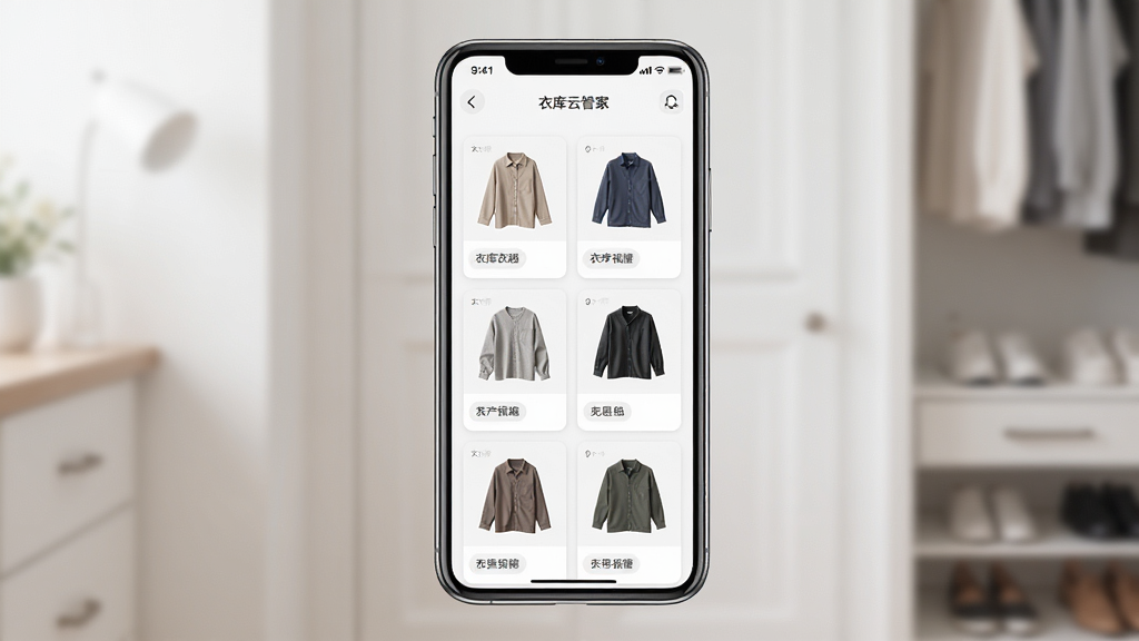 衣库云管家 手机衣橱管理界面展示,主体为一部智能手机,屏幕中显示分类整齐的衣物卡片列表,布局居中,排版清晰,风格简约现代,细节包含衣物缩略图与分类标签,画质高清,干净,无多余元素