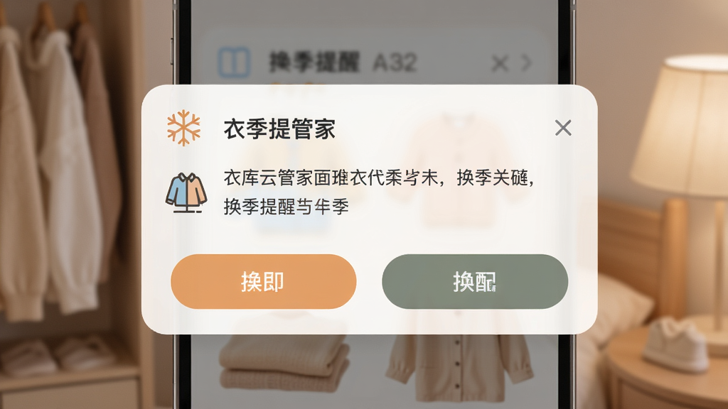 衣库云管家 换季提醒界面,主体为手机弹出通知卡片,布局居中显示提醒文字与操作按钮,排版简洁,风格柔和温馨,细节包含季节图标与衣物图案,画质高清,干净,无多余元素