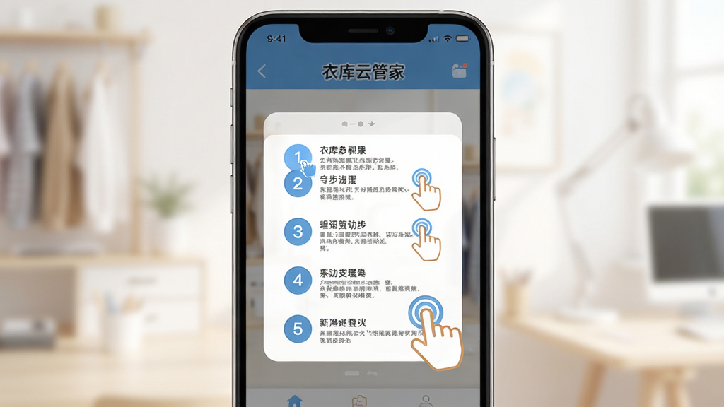 衣库云管家 新手操作引导界面,主体为手机屏幕显示分步教程弹窗,布局居中,排版图文结合,风格友好明亮,细节包含手指点击图标与步骤序号,画质高清,干净,无多余元素