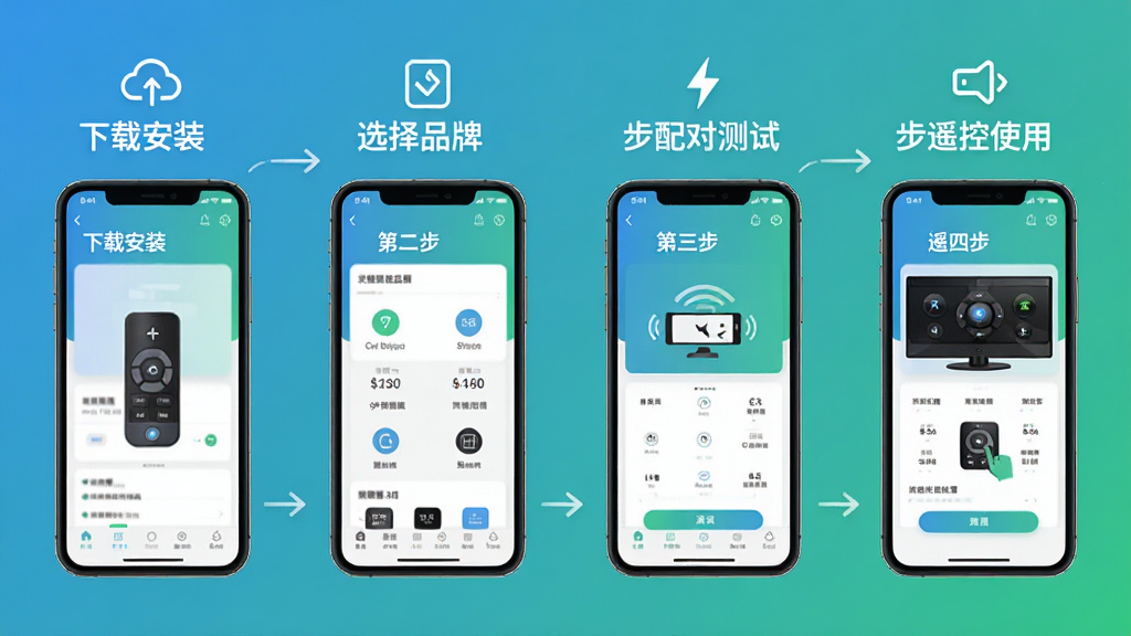 万能遥控器空调通用连新手操作流程图,画面分为四个步骤,第一步下载安装,第二步选择品牌,第三步配对测试,第四步遥控使用,每个步骤配以简洁图标和手机界面示意,整体风格扁平化,色彩以蓝绿渐变为主,布局横向排列,细节清晰,画质高清,干净无多余元素