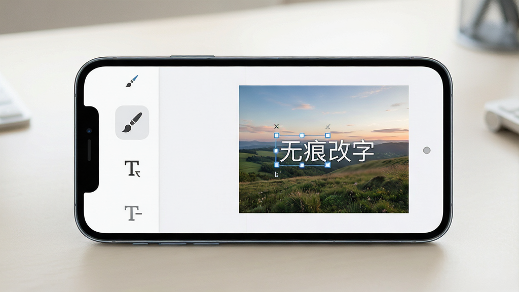 一张展示无痕改字P图软件操作界面的图片,画面中央是一部智能手机,手机屏幕上显示着软件的主编辑界面,左侧是工具栏包含画笔和文字输入图标,右侧是预览区显示一张带有文字的风景照片,照片上有一处文字被选中并呈现出无痕修改后的效果,背景是干净整洁的浅色桌面,主体突出,布局居中,排版简洁,风格为写实科技风,细节上体现手机屏幕的高清质感和软件UI的现代感,画质清晰,画面干净,无多余元素